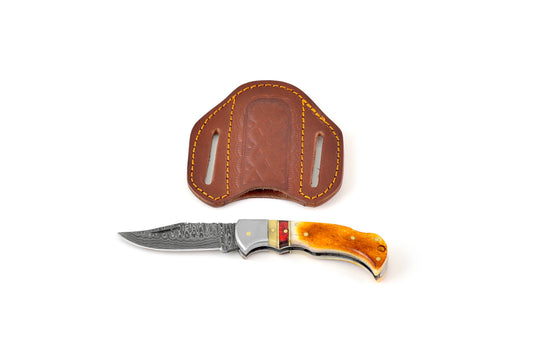 Burnt Bone folding knife with Leather Sheath BP-001