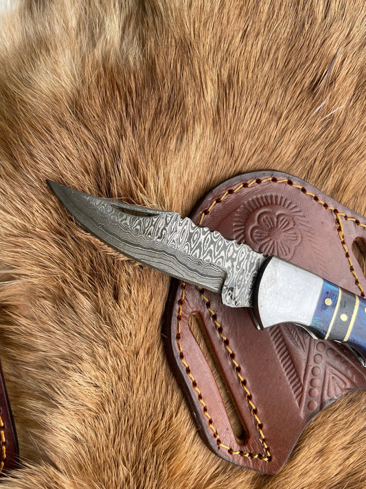 POCKET KNIFE BLUE DIAMOND WOOD 6.5'' DAMASCUS STEEL KNIFE ST