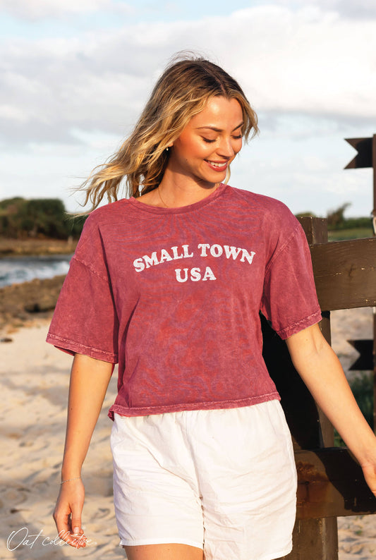 SMALL TOWN USA Cropped Mineral Graphic Top