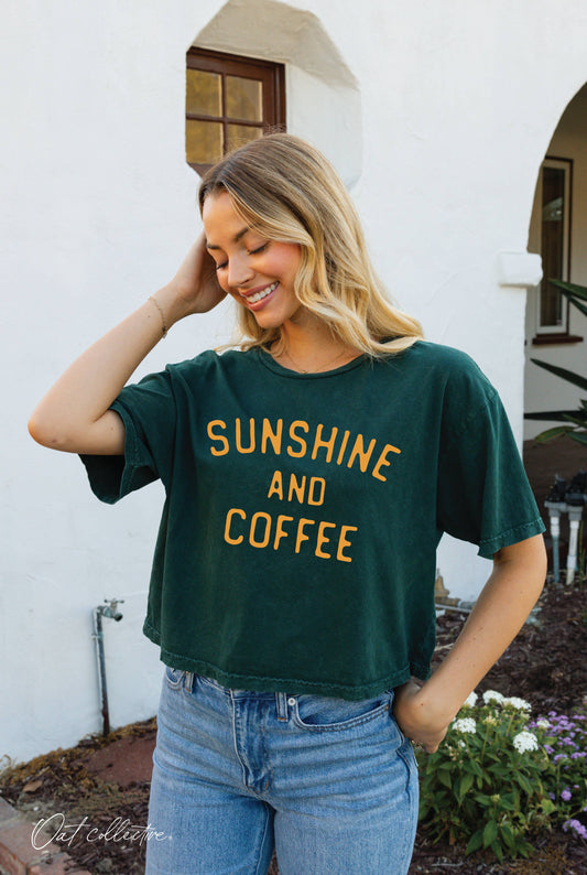 SUNSHINE AND COFFEE Cropped Mineral Washed Graphic Top