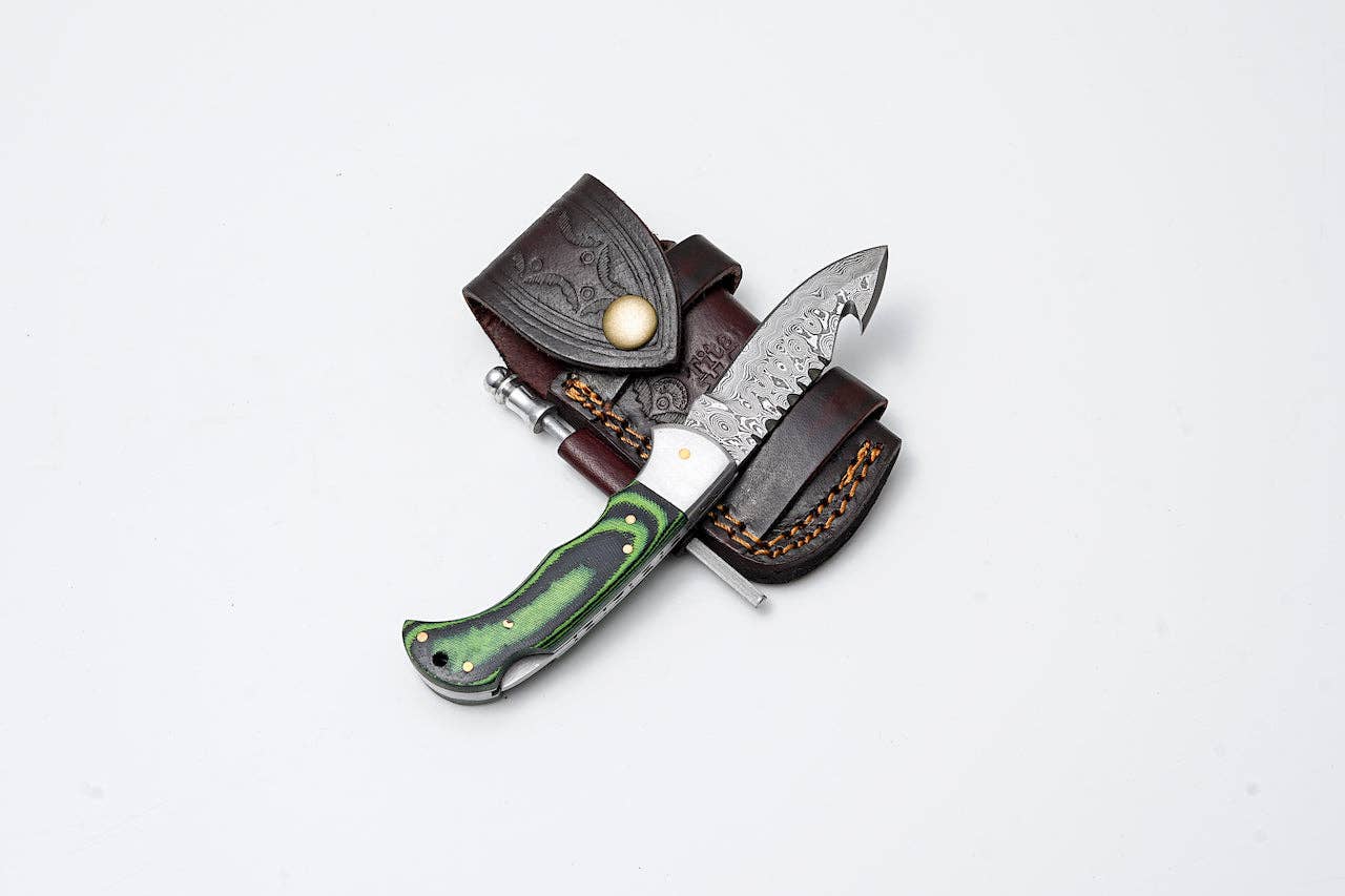 Green Micarta Damascus Gut Hook Hunting Knife TK-441