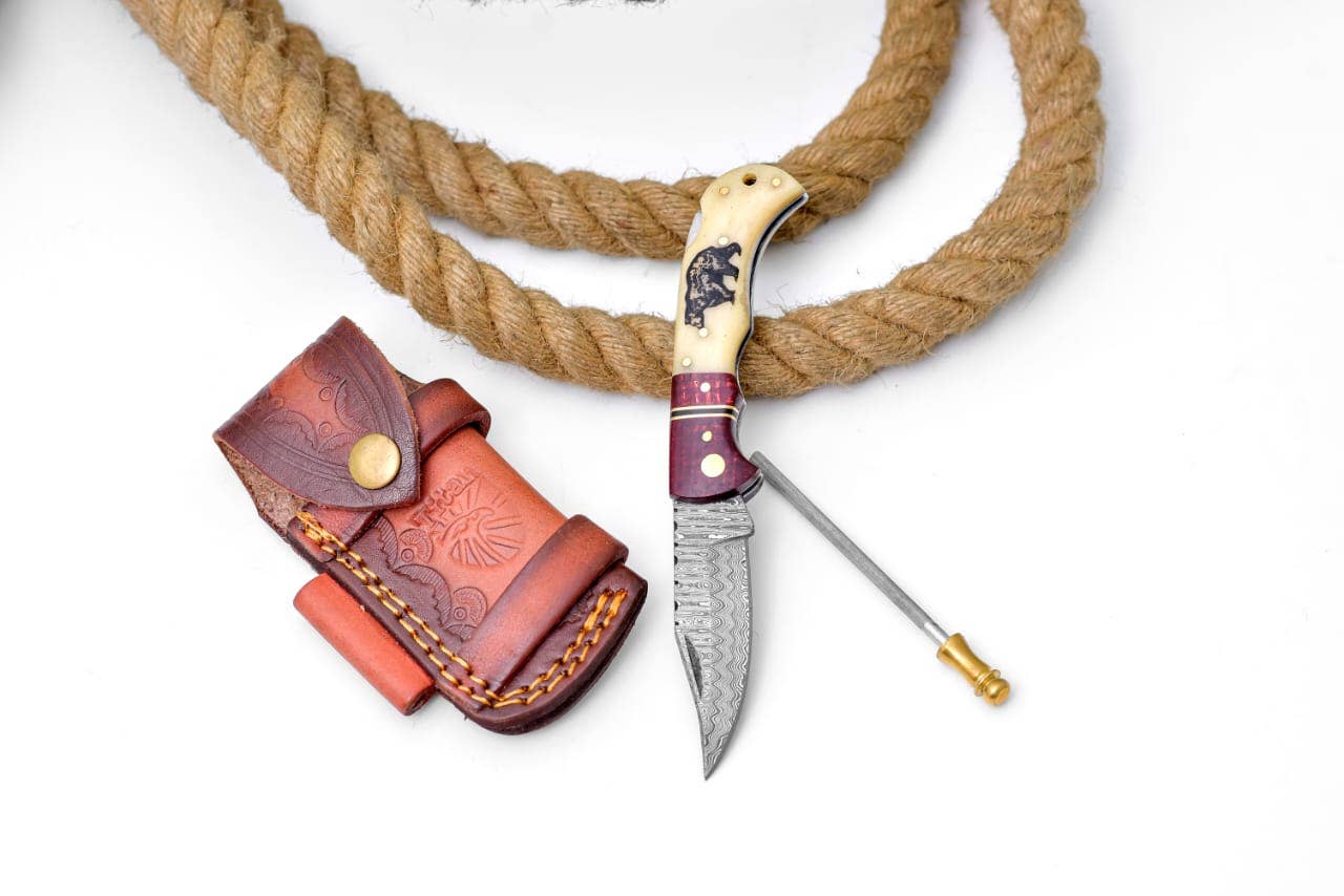 Bear Engraved Damascus Folding Knife with Leather Sheath TK-412