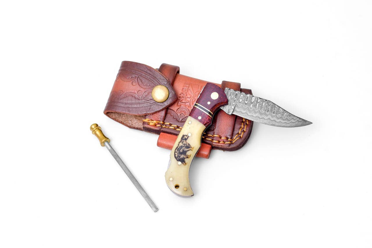 Bear Engraved Damascus Folding Knife with Leather Sheath TK-412