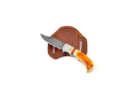 Burnt Bone folding knife with Leather Sheath BP-001