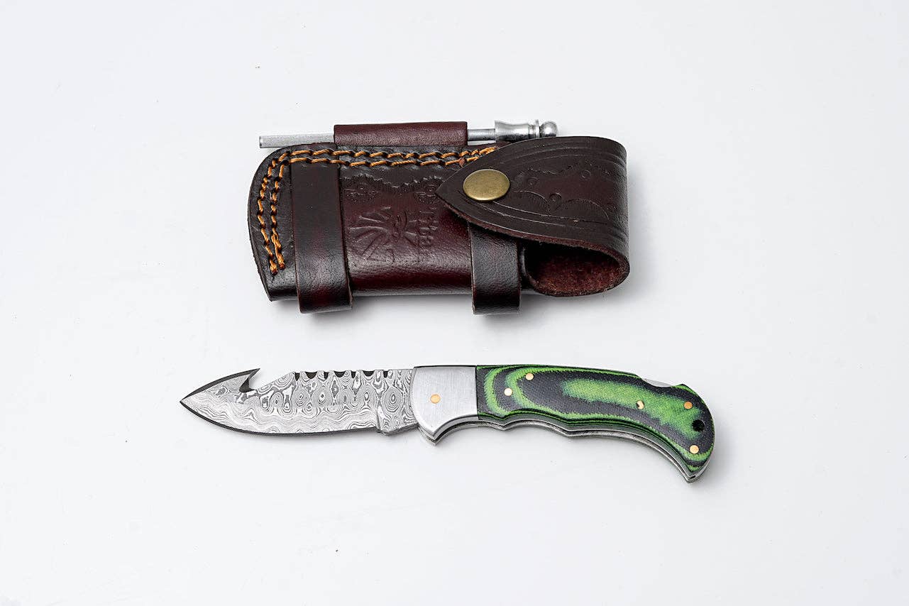 Green Micarta Damascus Gut Hook Hunting Knife TK-441