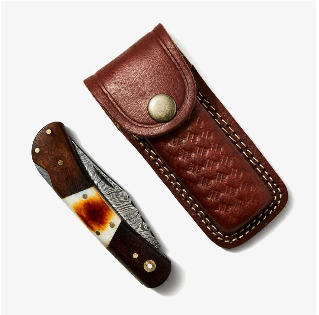 Walnut & Torched Bone Damascus Pocket Knife TK-415