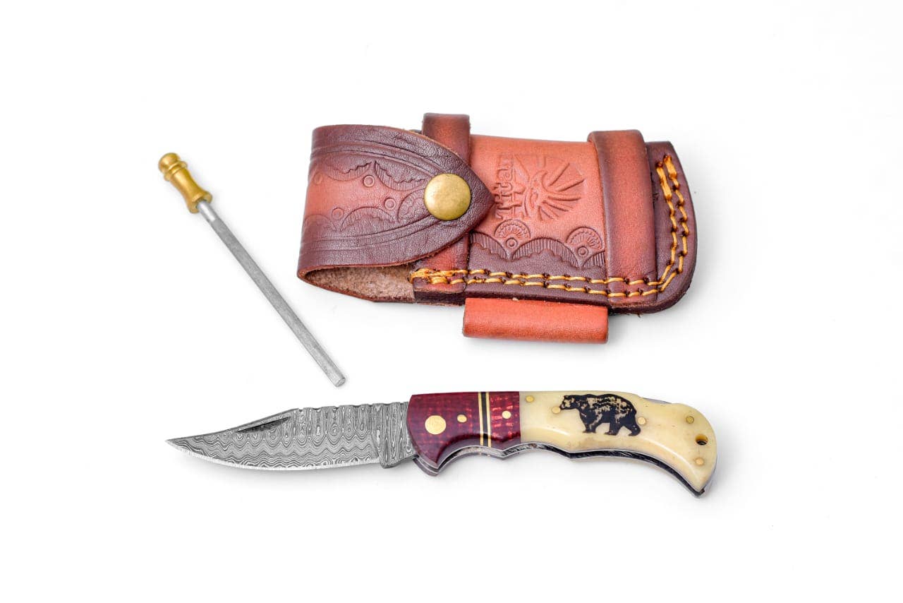 Bear Engraved Damascus Folding Knife with Leather Sheath TK-412
