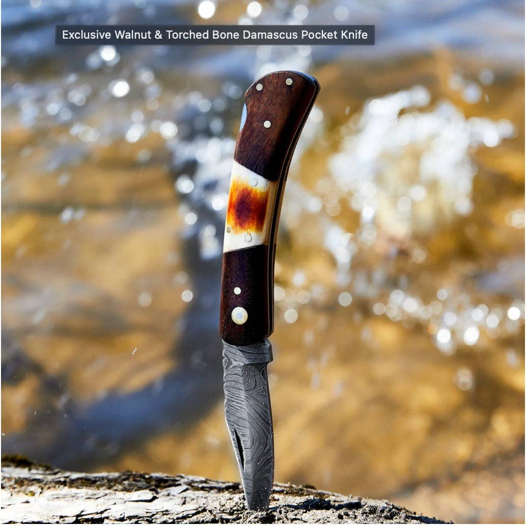Walnut & Torched Bone Damascus Pocket Knife TK-415