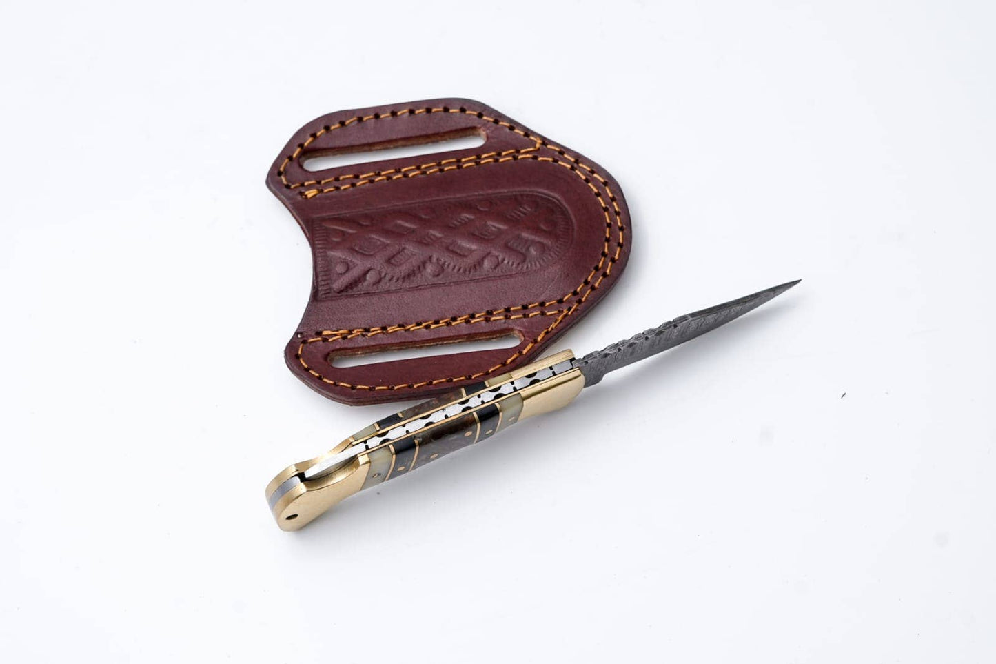 Brass & Bone Damascus Folding Knife with Leather Sheath TK-411