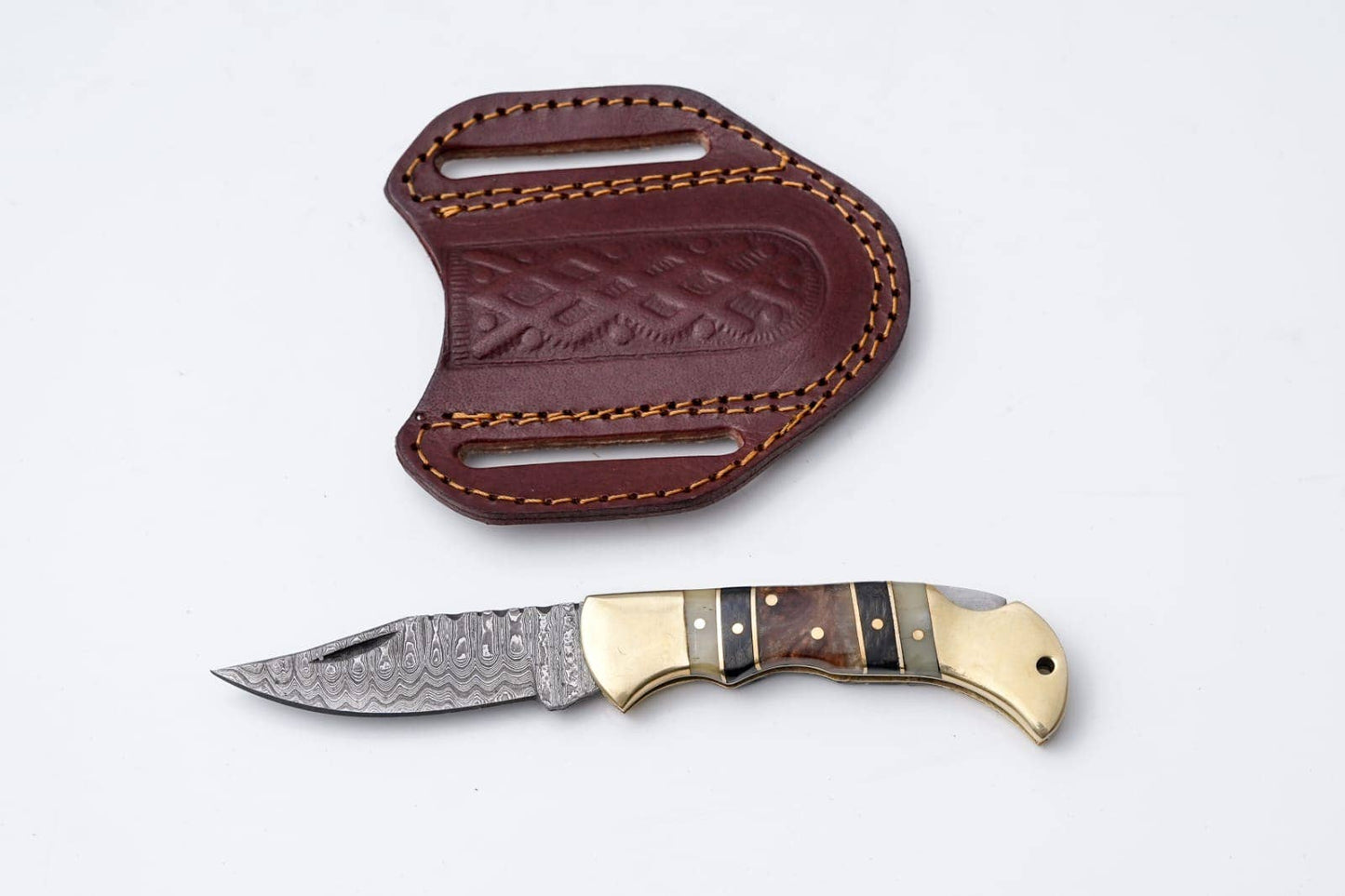 Brass & Bone Damascus Folding Knife with Leather Sheath TK-411