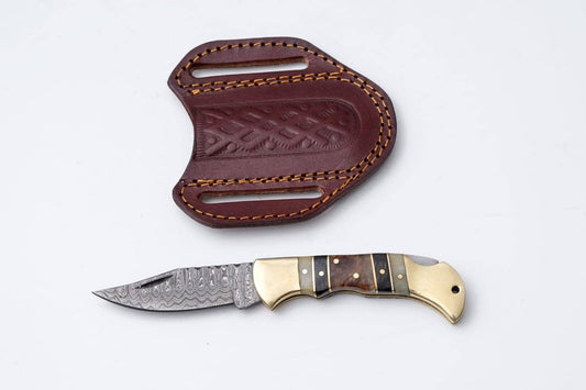 Brass & Bone Damascus Folding Knife with Leather Sheath TK-411